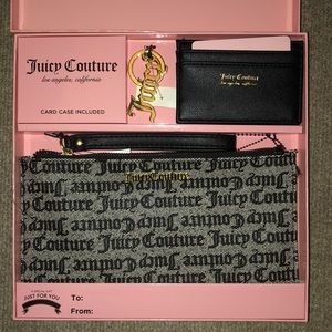 Juicy Couture Black Beige Wristlet Card Case Keychain Set